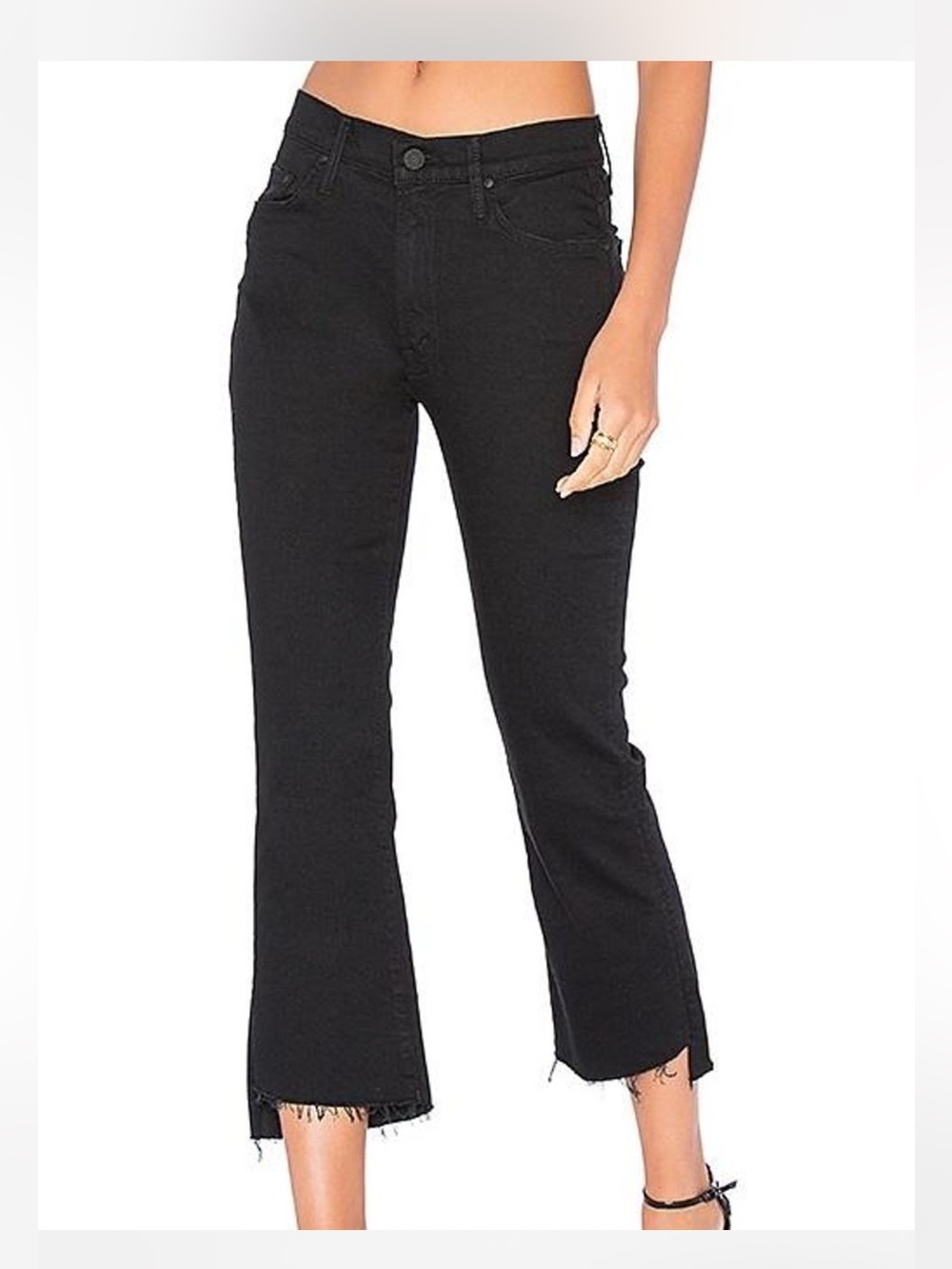MOTHER Black Cropped Flare Jeans with Raw Hem